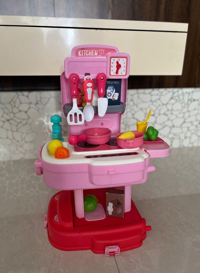 PN AVAN Kitchen Set for Kids 34 Pcs Simulation Portable Kitchen Set for Girls with Realistic Kitchen Suitcase for Kids for 3 Year Old Girls (School Bag Kitchen Set) (Pink) - Image 3